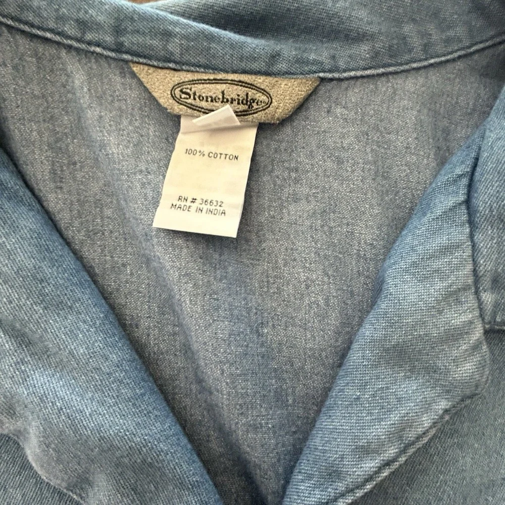 Stonebridge 1X Chambray‎ Denim Beaded Fringe Hem Shirt Festival Western Plus - Picture 8 of 13